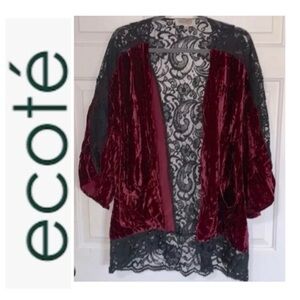 🍾 Vintage 90s Y2K Red Crushed Velvet Black Lace Kimono XS / S Whimsigoth
